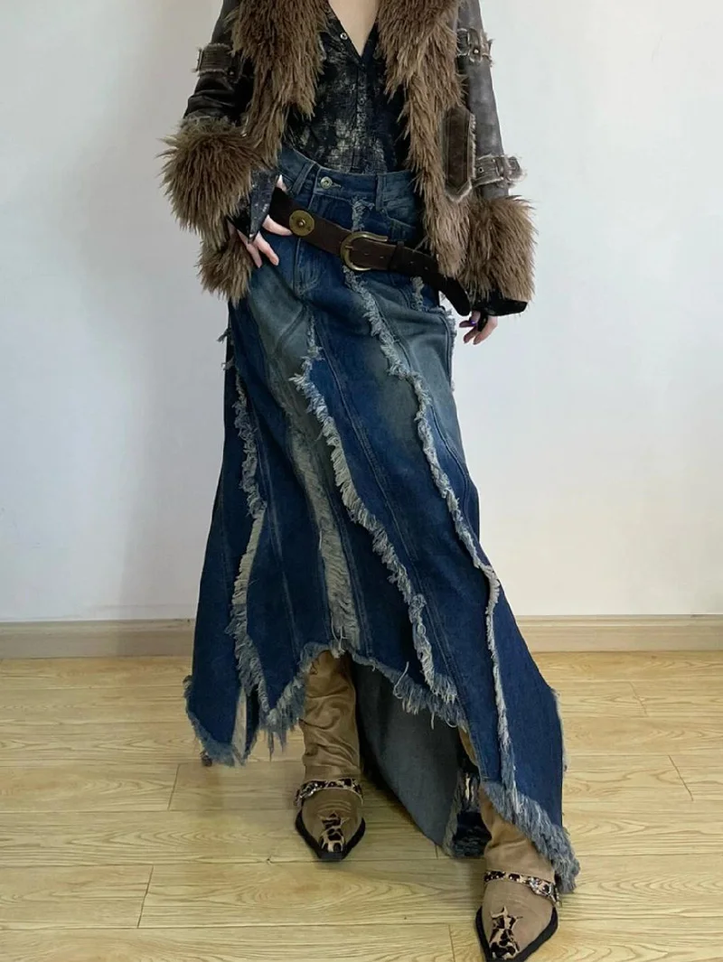 Falda vaquera Y2k Emo 2000s ropa falda larga Harajuku coreano 90s moda Vintage gradiente A-line Jean falda Grunge ropa
