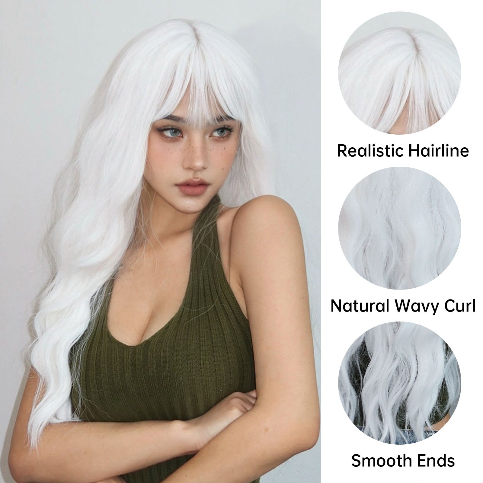 女性のためのフリンジ付きプラチナ合成ウィッグ、afroコスプレウィッグ、自然な髪、耐熱性、ロリータ、毎日の使用、白