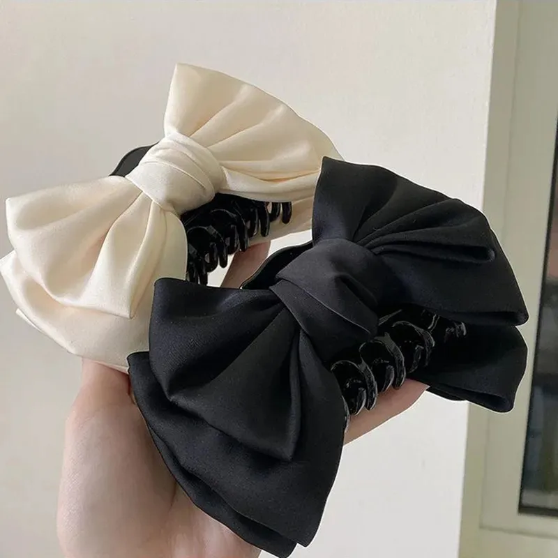 Elegant ผู้หญิงโบว์ผม Claw คลิปสองด้านขนาดใหญ่ซาติน Shark Hair Claw Bowknot Hairpins Barrettes อุปกรณ์เสริมผม