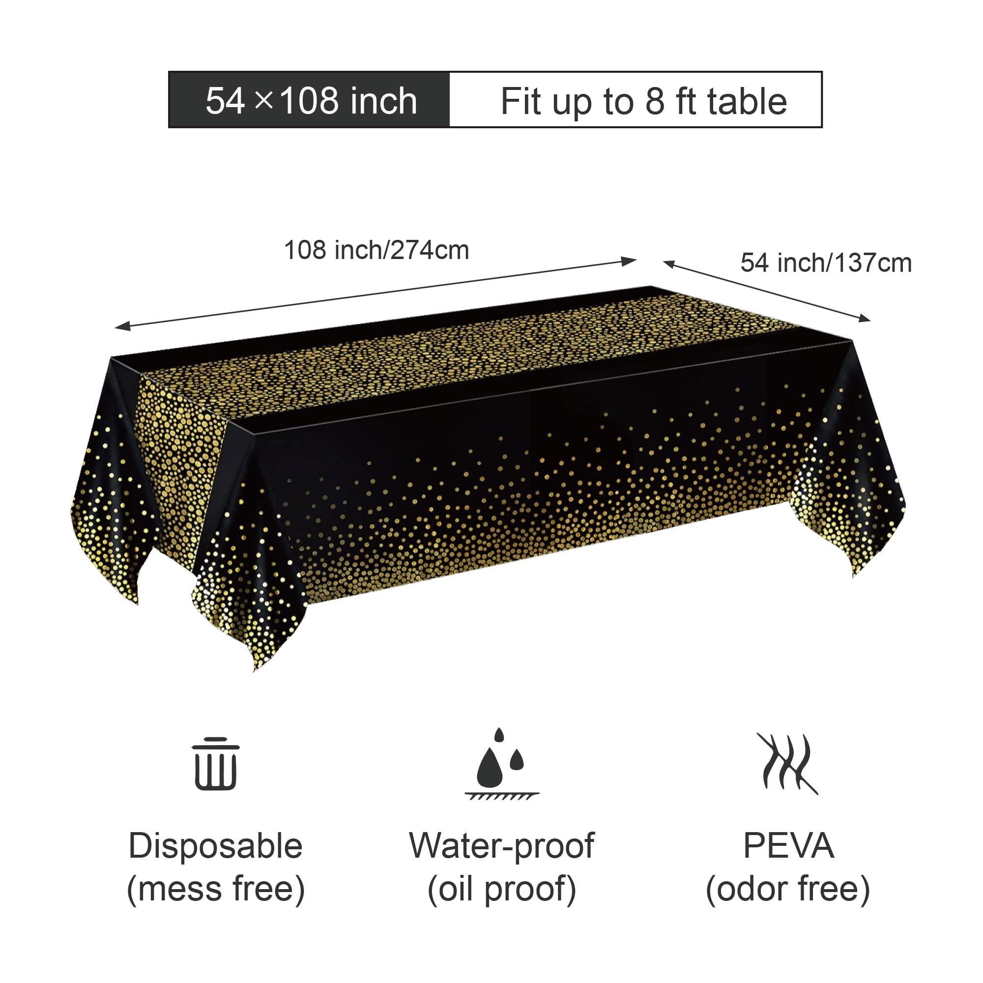 Black Gold Tablecloth 54x108 inch (137x274cm) Party Supplies, Rectangular Black Gold Table Cover for Halloween, Christmas