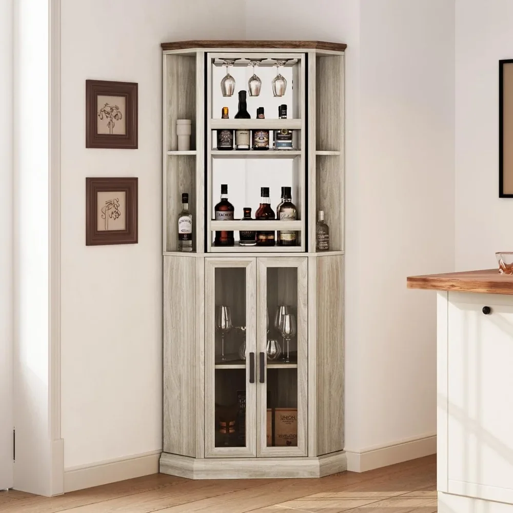 Armário de bar de canto, armário de vinho de fazenda de 86,5" de altura com prateleiras giratórias para bebidas Armário de bar doméstico com porta de celeiro