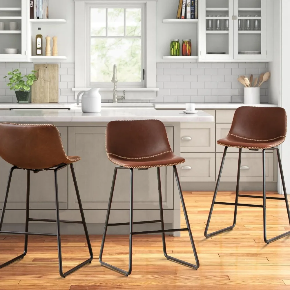 3-Piece 26 Inch Brown Faux Leather Bar Stools with Backrest – Ideal for Kitchen Island & Counter