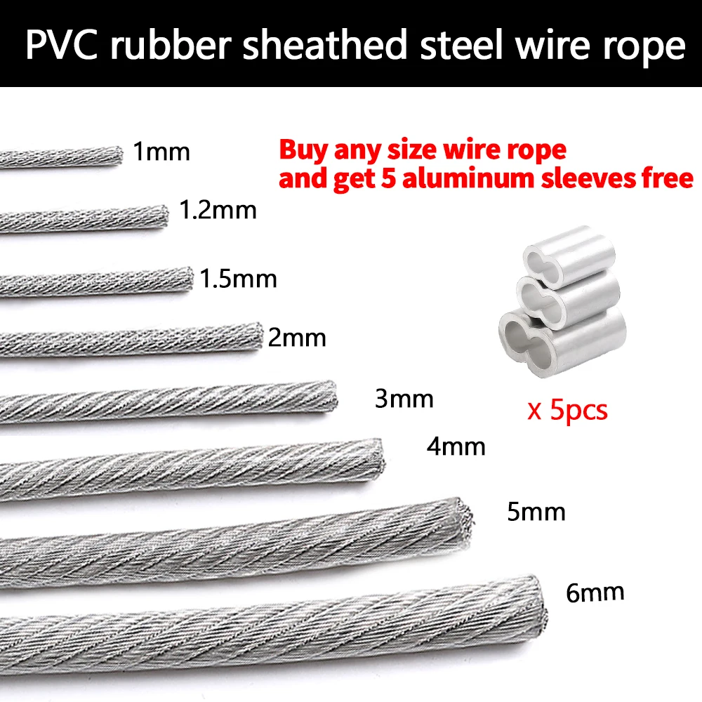 Cable de cuerda de alambre de acero inoxidable 304, revestimiento de plástico de PVC de Color transparente de 5M/10M/50M/100M, 1,0-6mm, utilizado para tendedero, Etc.
