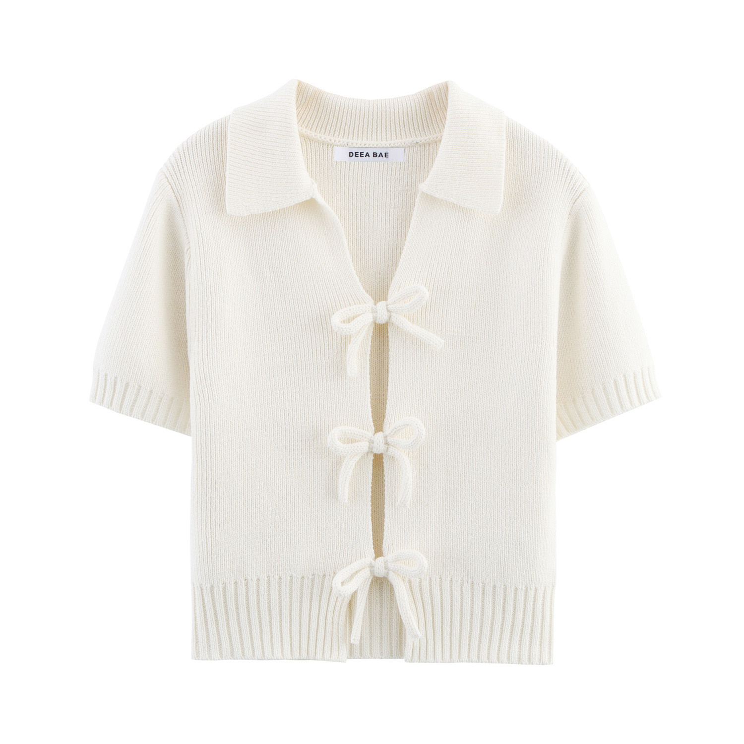 DEEABAE Feminino Coreano Estilo Casual Doce e Puro Desejo Arco Decoração Malha Manga Curta Lapela Top