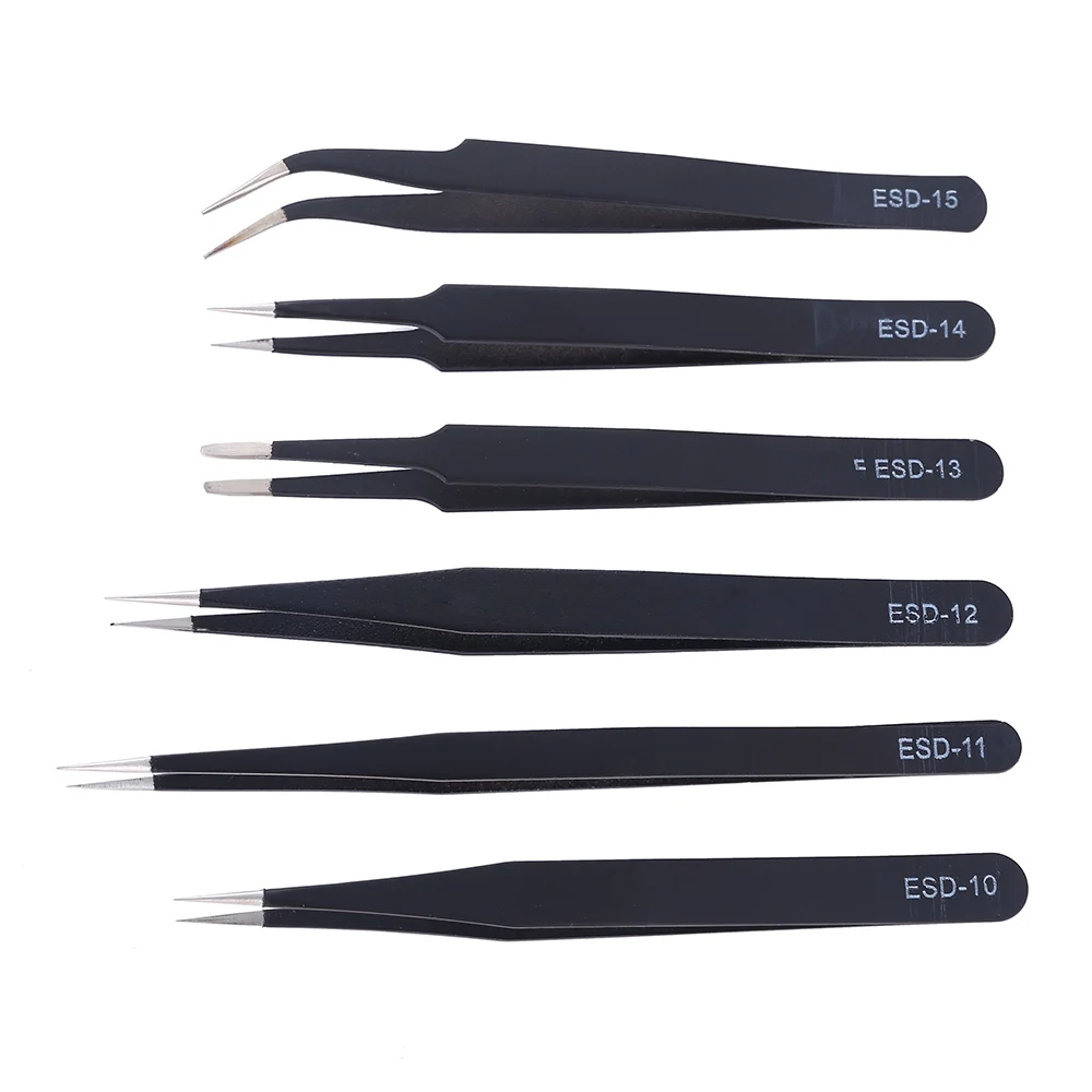 6Pcs Anti-static ESD Tweezers Maintenance Tool Industrial Precision Curved Straight Tweezers Repair Tools Set