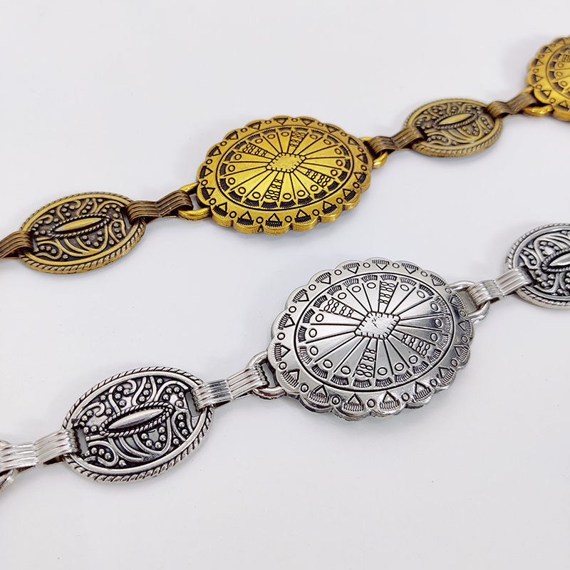 女性のためのレトロなスタイルの金属ベルト,装飾的な円,彫刻が施されたチェーン,ヴィンテージ,カウボーイアクセサリー