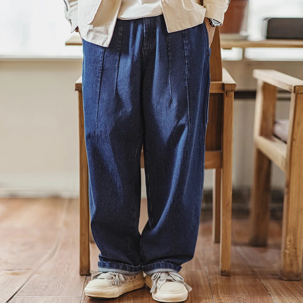 Maden Retro-Jeans mit schwerer, gewaschener Holzfäller, locker, mit Taschen, elastischer Taille, Kordelzug-Design, einfarbig, Freizeithose