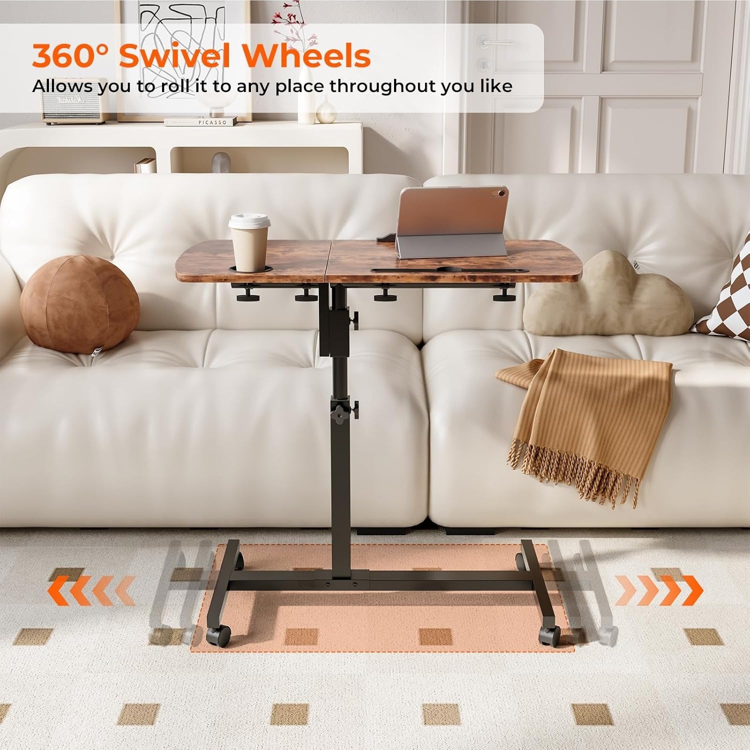 Height Adjustable Rolling Laptop Desk Over-bed Table with 2 Tilting Desktops, Mobile Bedside Sofa Side Table Standing Desk