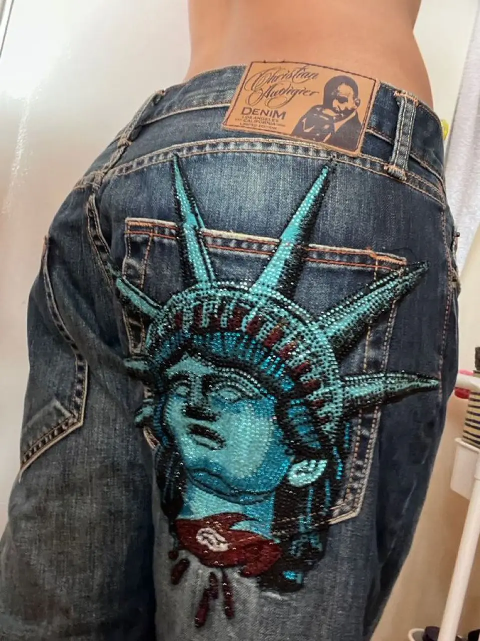 Y2k 2000s Estatua de la libertad diamantes Jeans Casual pantalones vaqueros de cintura alta rectos vaqueros de pierna ancha Harajuku Vintage ropa de mujer