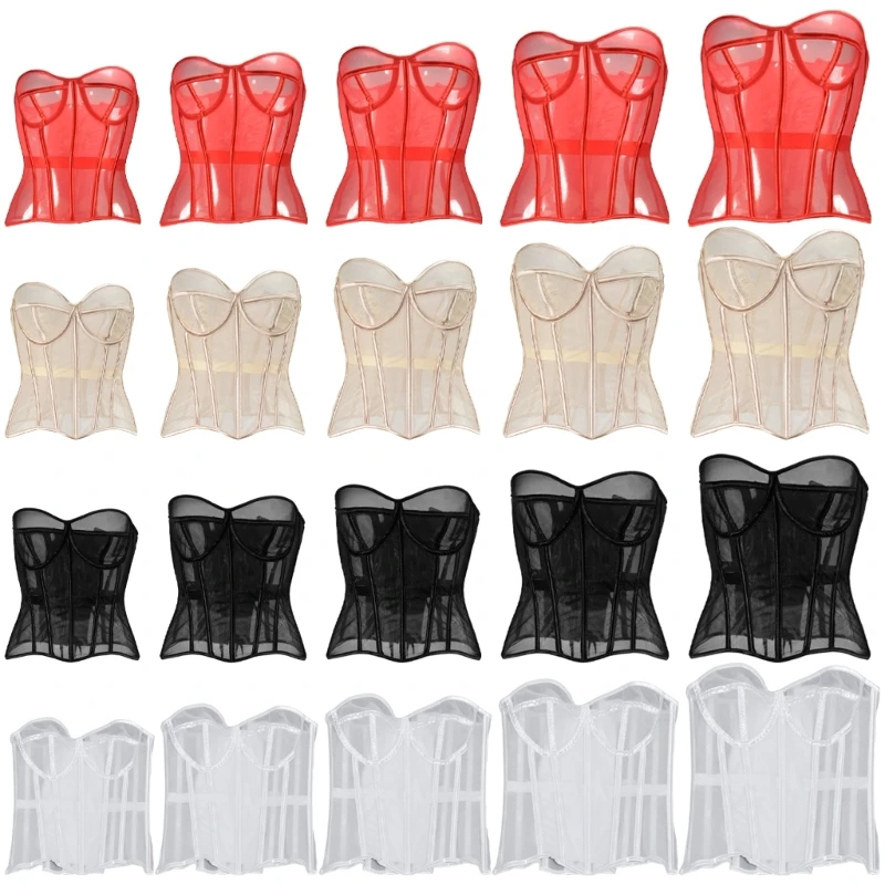 Sheer Corset Waist Shaping Girdle Fishbone Bustier with Laceup Tied for Women