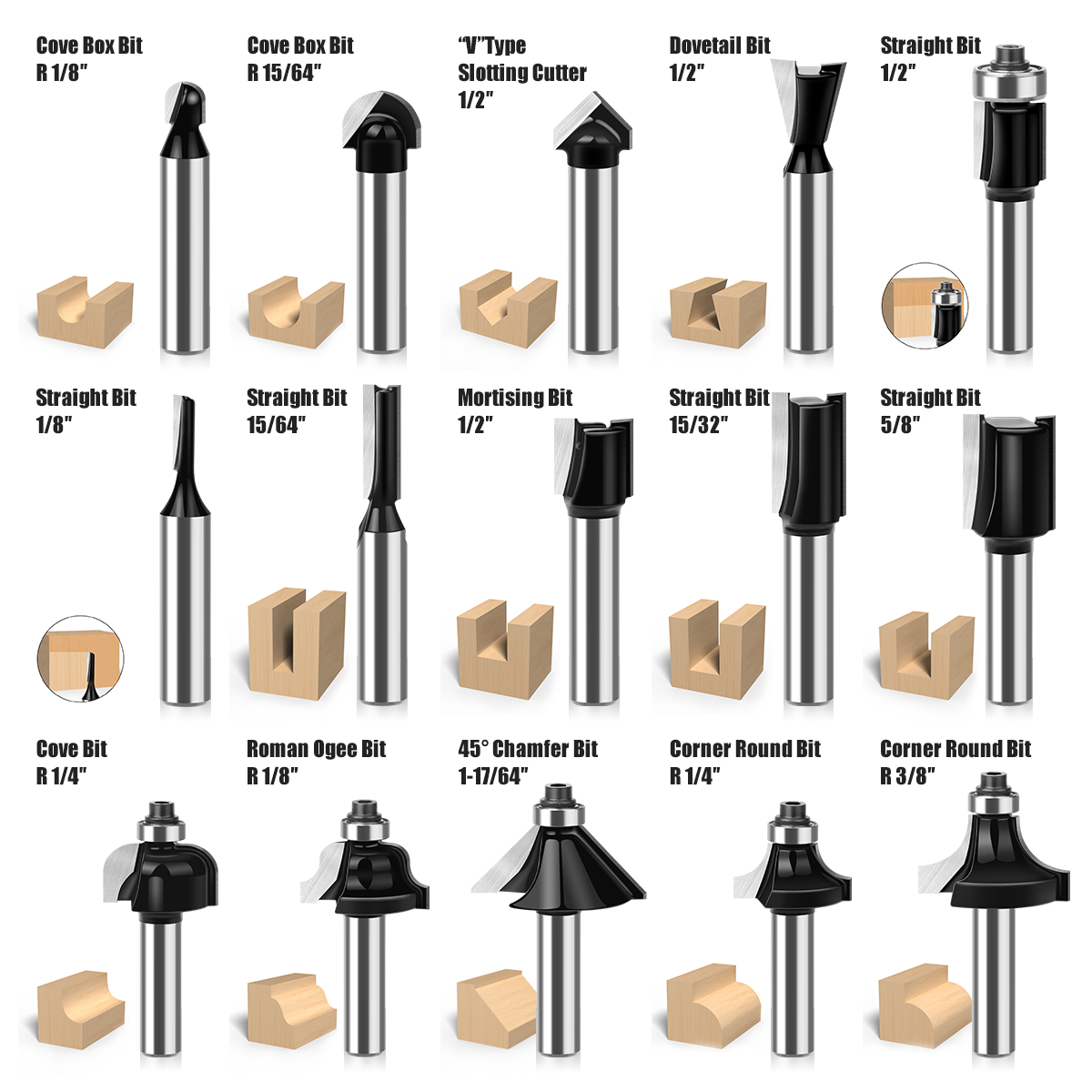 15pcs 8mm Shank  Router Bit Set Trimming Straight Milling Cutter for Wood Bits Tungsten Carbide Cutting Woodworking