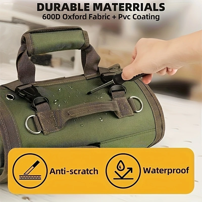 1pc Heavy Duty Waterproof Tool Kits Tote Roll-Up Design with 6 Tool Pouches for Organizing Hand Tools and Small Tools