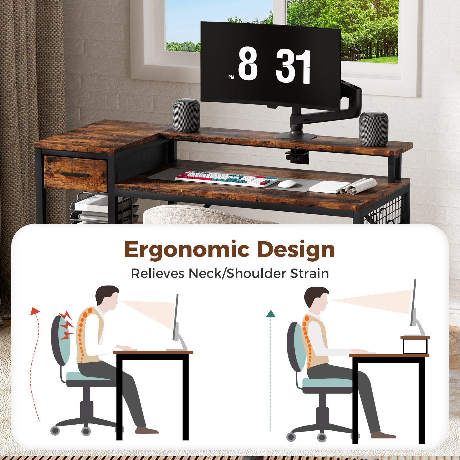 Oak & Tea Corner Desk L-Shape 120cm PC table with Adjustable Shelves & Vintage Design, office/Gaming table