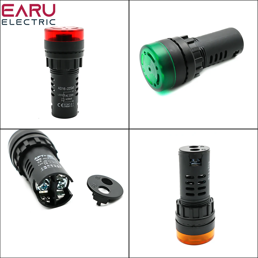 AD16-22SM 22mm Panel Diameter AC 12V 24V 110V 220V Flash Signal Light Red LED Active Buzzer Beep Alarm Indicator Green Yellow