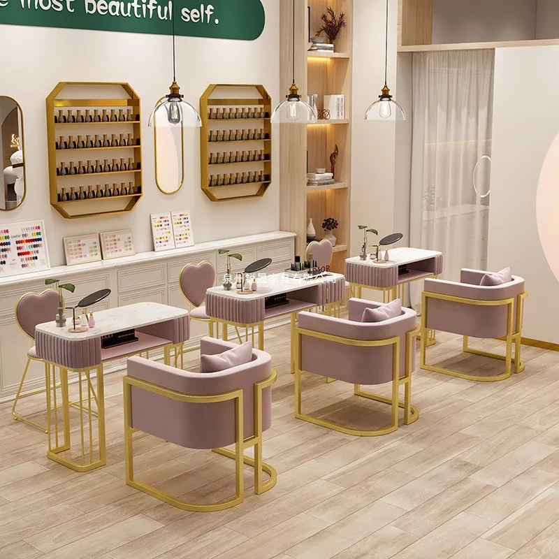 Conjunto de mesa e cadeira minimalista moderno para arte em unhas, luxo leve, famoso na Internet, acessível, mesa para arte em unhas com painel de rock