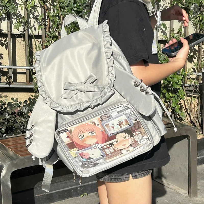 Mochila japonesa Y2k con volantes Bowkont, bolso transparente de bolsillo para niña Lolita, bolso para el dolor de oreja de conejo Itabag de estilo Preppy de alta capacidad