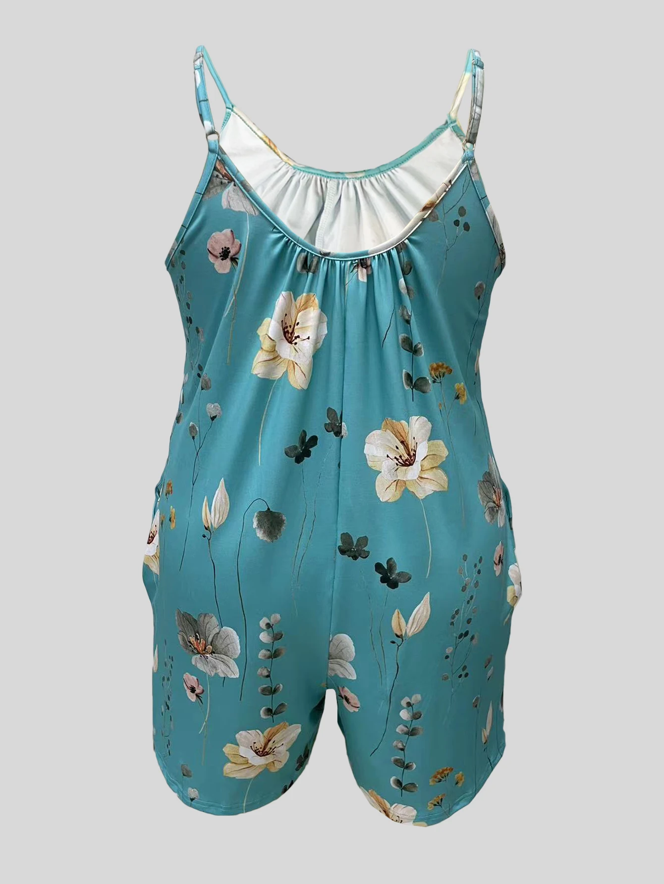 Plus size cami romper jumpsuit met allover print, casual zak ruches mouwloze romper jumpsuit, dames plus size kleding