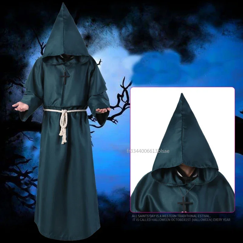 Novo traje de feiticeiro halloween cosplay traje medieval com capuz robe monge frade robe sacerdote traje roupas antigas terno cristão