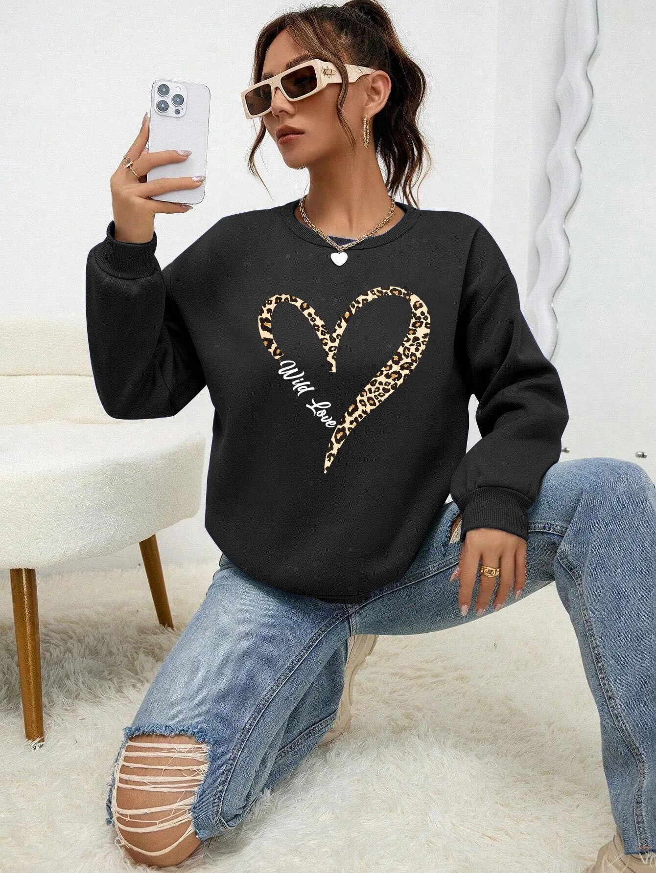 Leopard Wild Heart Pattern Print Damen Sweatshirt Street Fur-Liner Pullover Hipster Kleidung All-Match Crewneck Trainingsanzug