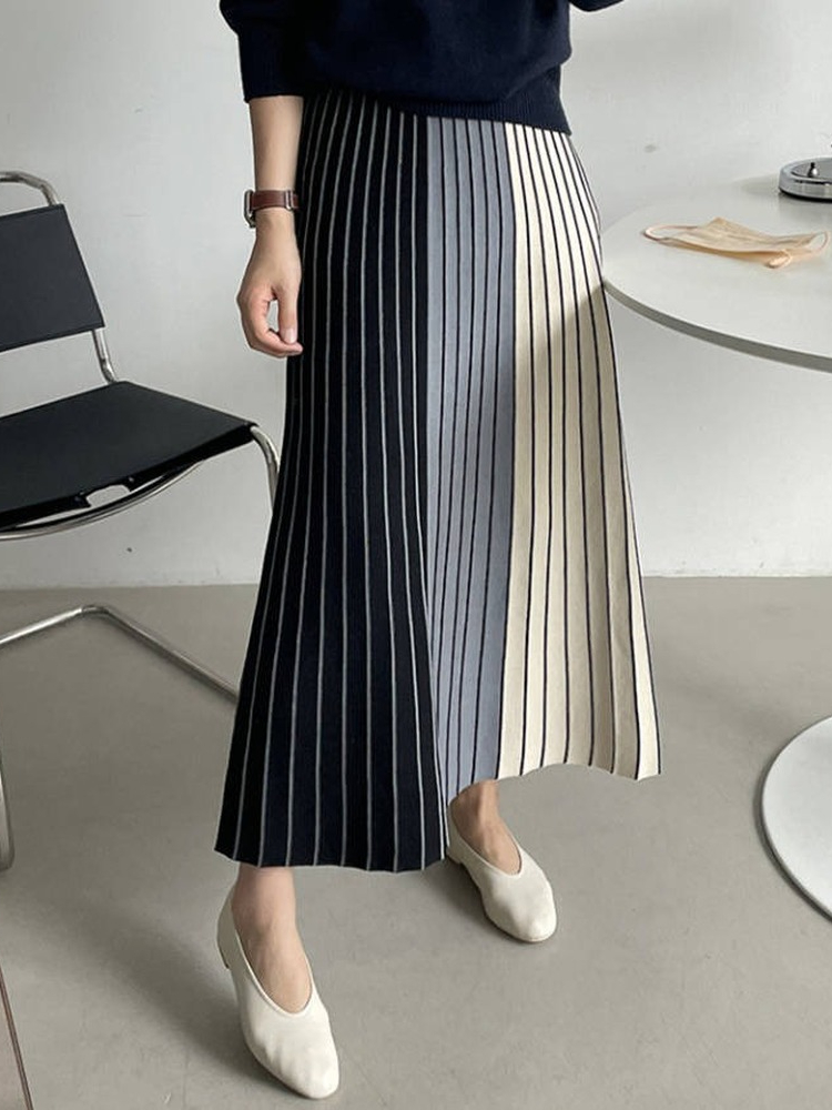 Herbst Winter Stricken Rock Hohe Taille Lange Bleistift Rock Frauen Gestrickte Casual Vintage Maxi Rock Vintage Warme Dicke Midi Streifen