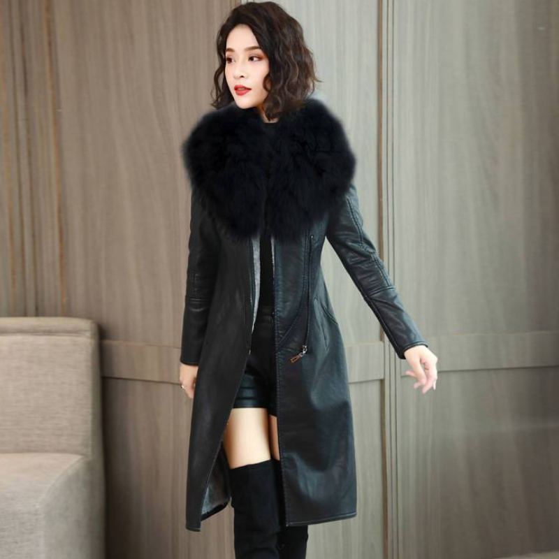 Damen-Jacke mit großem Pelzkragen, schmal, lang, PU-Leder, dicker warmer Mantel, große Größe, lässige Oberbekleidung, Wintermode, neu