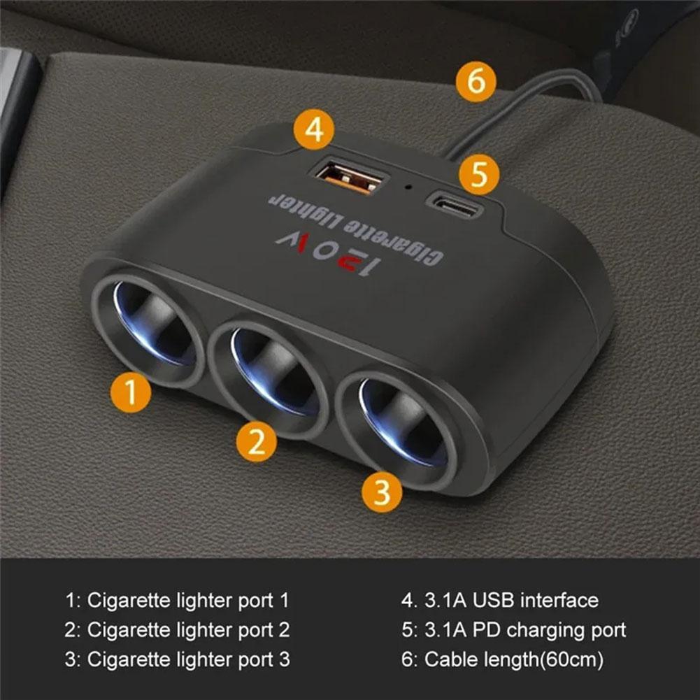 120W Car Charger 12V 24V 3 Socket Cigarette Lighter Splitter Dual USB PD Car Power Conversion Plug Fast Charge Adapter For Phone
