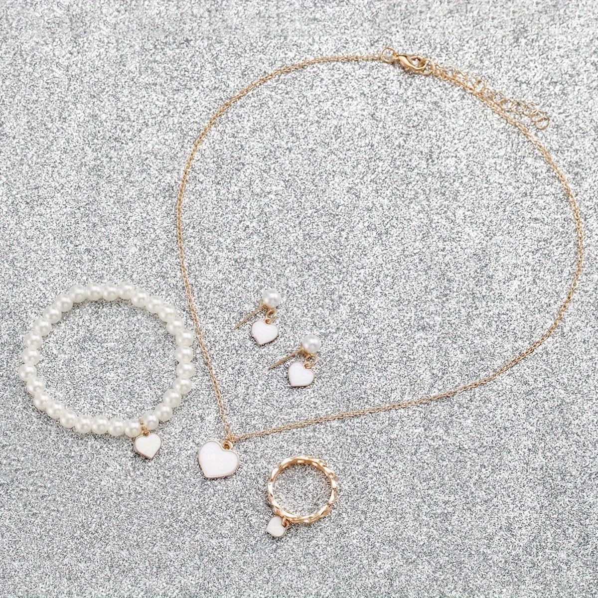 6PCS/Set Women's Watches Casual Silicone Band Analog Quartz Watch Heart Pearls Jewelry Set(Without Box)