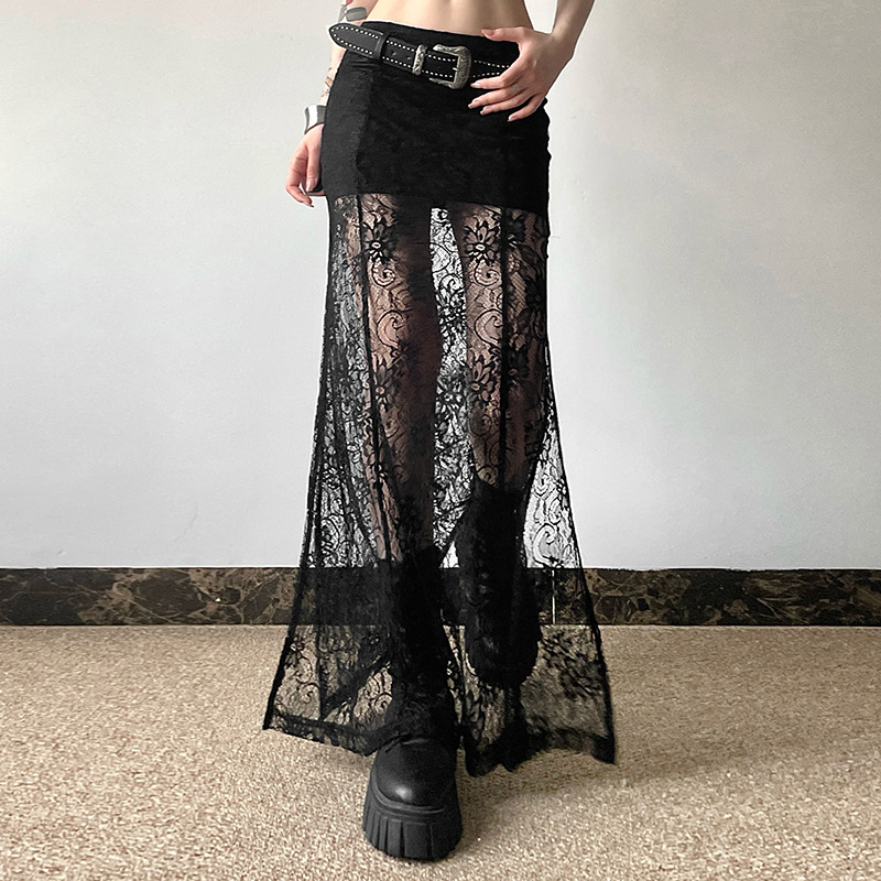 Falda larga gótica de encaje oscuro con diseño de telas combinadas, faldas ajustadas de cintura alta para centro comercial, ropa técnica elegante con dobladillo transparente y parte inferior dividida