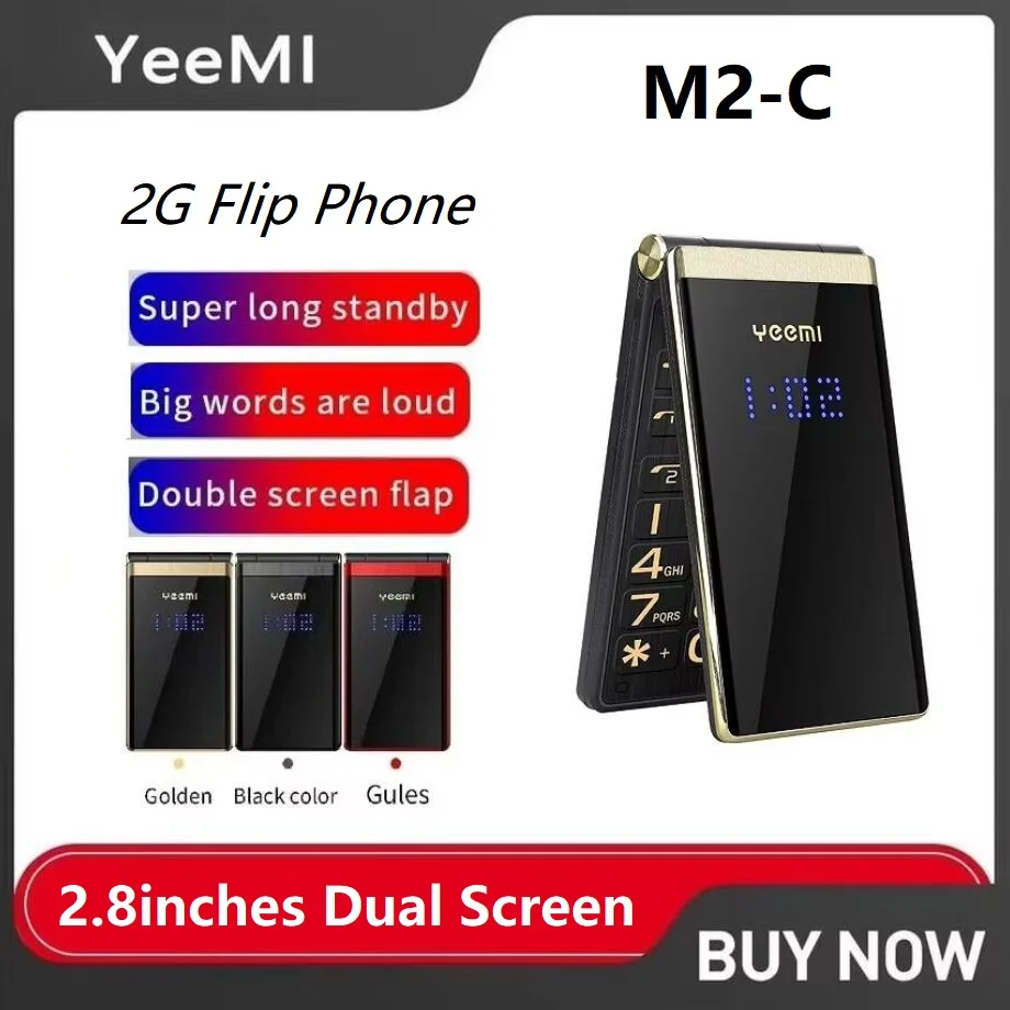YEEMI M2-C 2024 New 2G for Elderly Mobile Phone Flip Phone 2.8inches Dual Screen Big Letters MP3/MP4 Player Original Cellphone