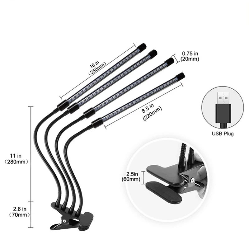 1/2/3/4 Head LED Plant Grow Light With Clip-on Plant Light 3 Light Color Switching USB Timable Dimming Full Spectrum Grow Lamp