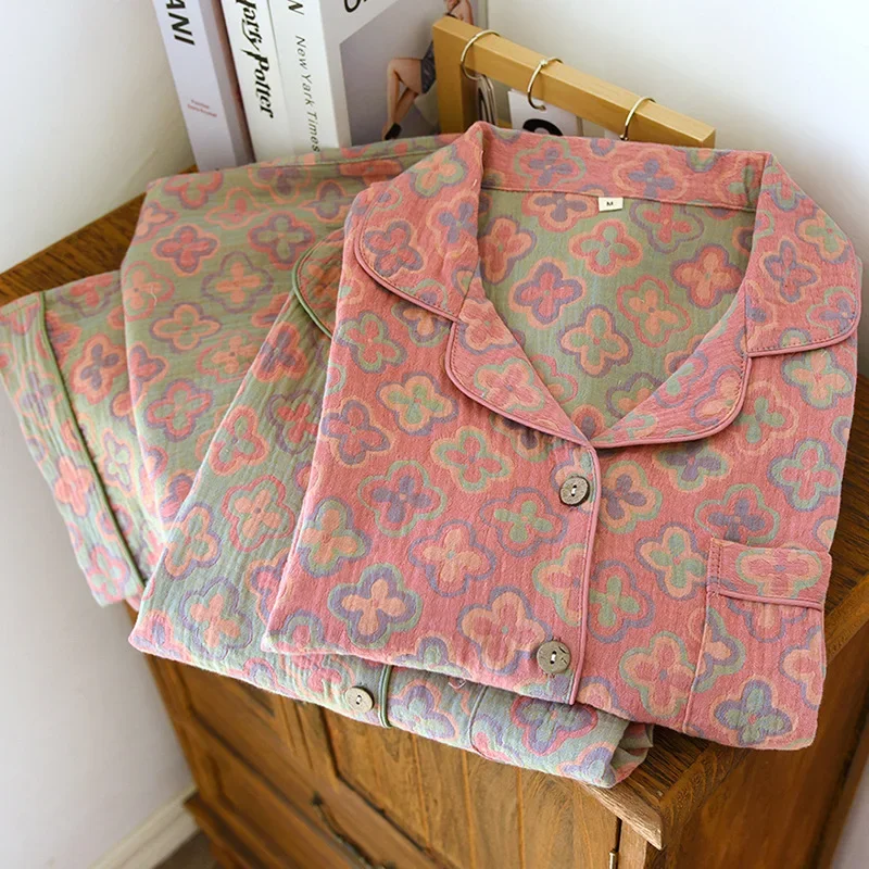 Heimkleidung aus 100 % Baumwollkrepp, 2023 Herbst/Winter, Damen-Pyjama, Anzug, langärmelige Hose, 2-teiliger, garngefärbter Jacquard-Pyjama