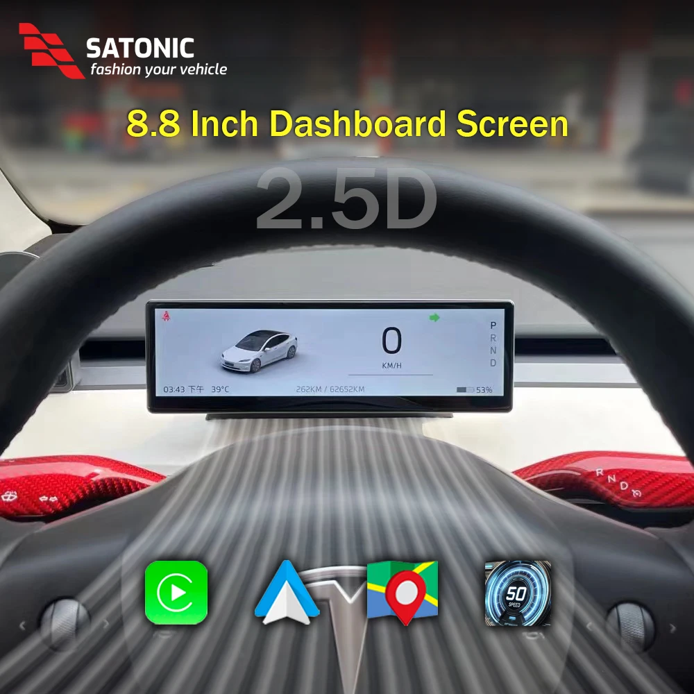 SATONIC 8,8-дюймовый интеллектуальный беспроводной экран Carplay Dahsboard для Tesla Model 3 и Y, поддержка Carplay Andriod, автоматическая бесплатная передняя камера