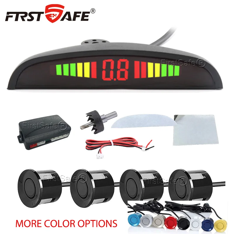 FirstSafe Factory Автомобильный светодиодный датчик парковки, 4 датчика, 22 мм, подсветка дисплея, комплект обратного радара, система монитора 12 В, 13 цветов