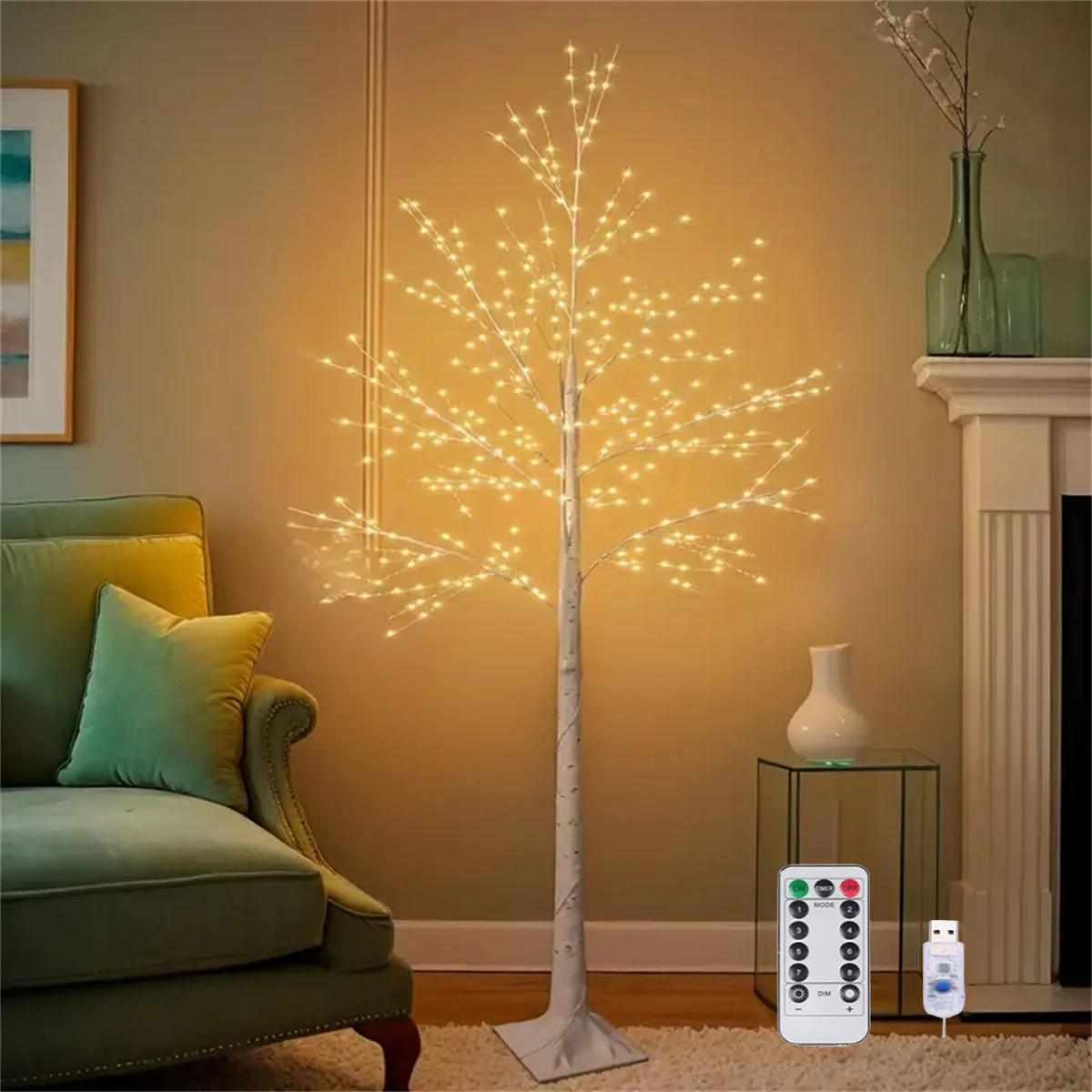 Luz LED de abedul de 1,2 M/1,5 M/1,8 M, USB, 8 modos, lámpara de pie de abedul Artificial para decoración navideña de vacaciones en el hogar
