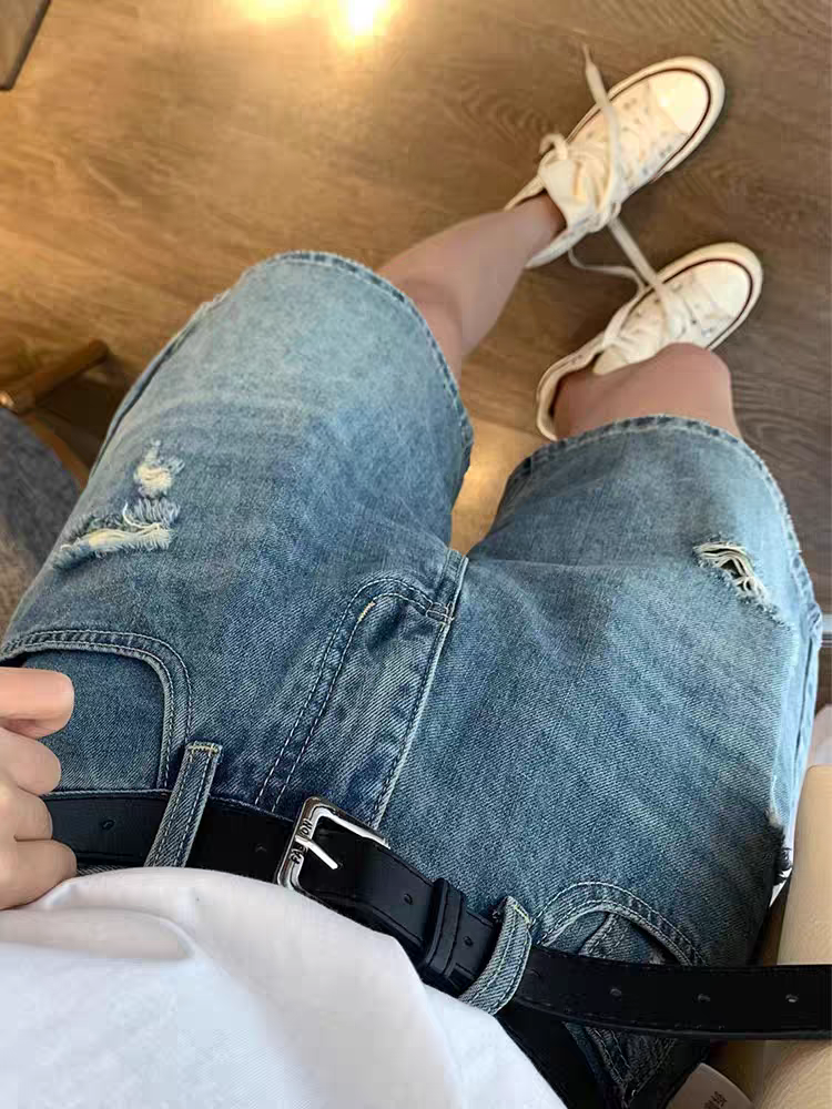 High Waist Denim orts Women's Spring Summer New plus Size Faded Five-Pointed Hole Wide Leg Jeans orts Slimming Effect