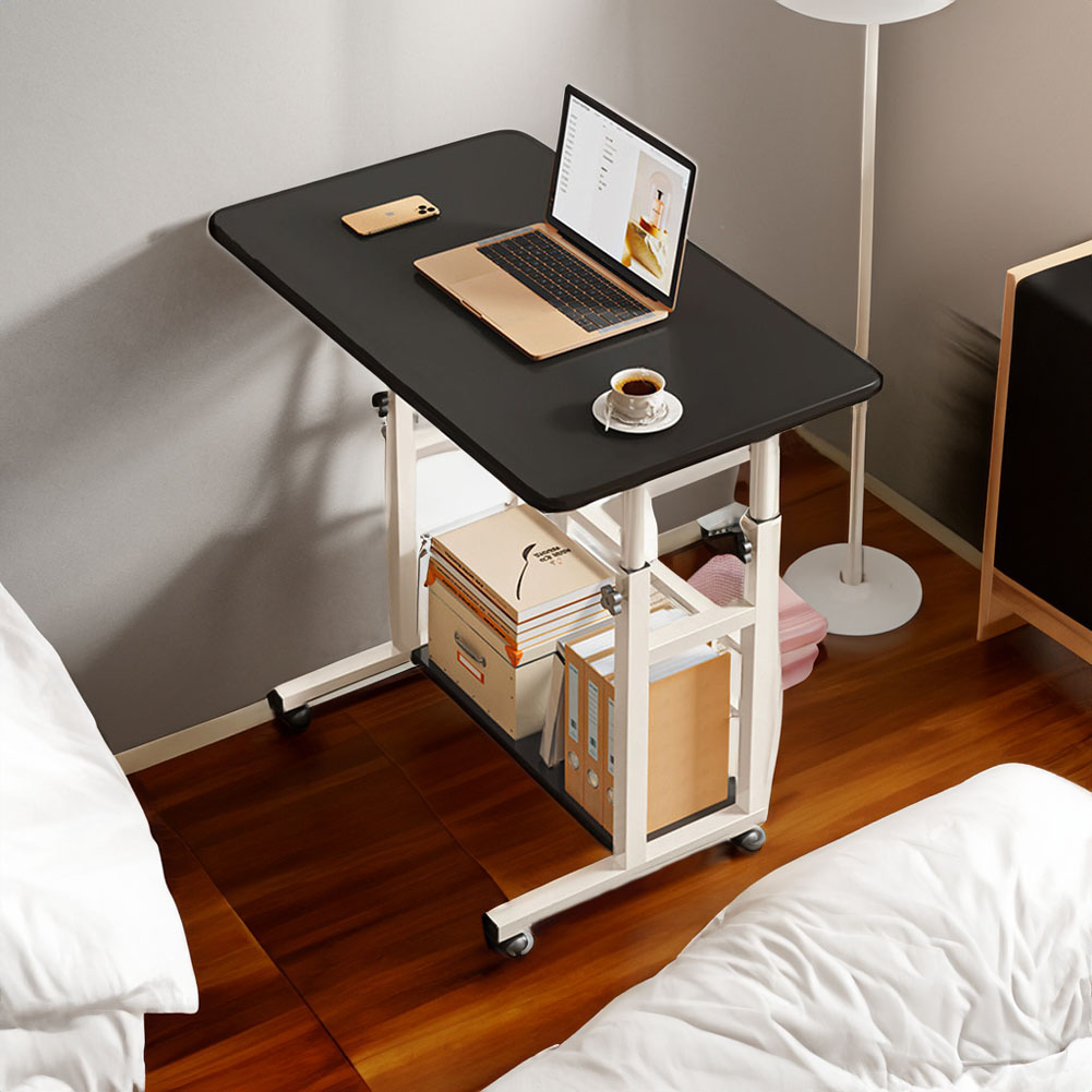 Mobile Over Height Adjustable Mobile Table Overbed Desk with Shelves Wheels Laptop Tray Stand