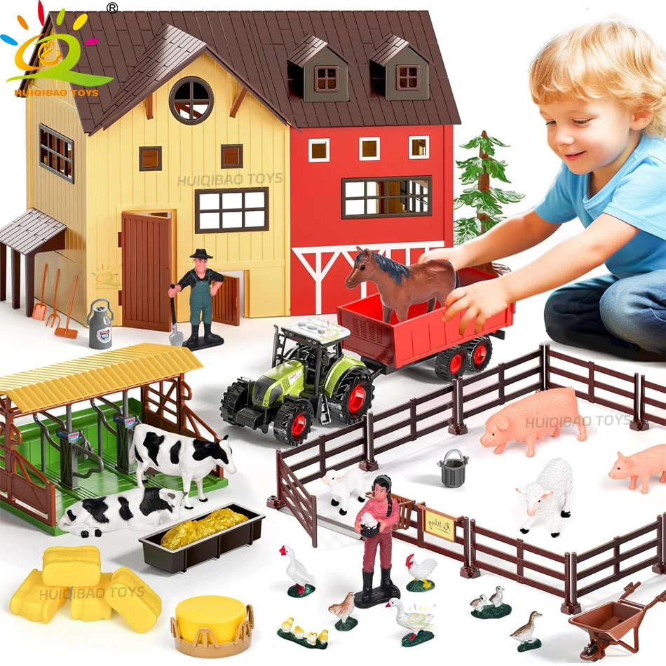 HUIQIBAO simulación animales de granja granero modelo montaje granja valla aves de corral vaca artesanía juguetes para jugar a las casitas para niños regalo de vacaciones