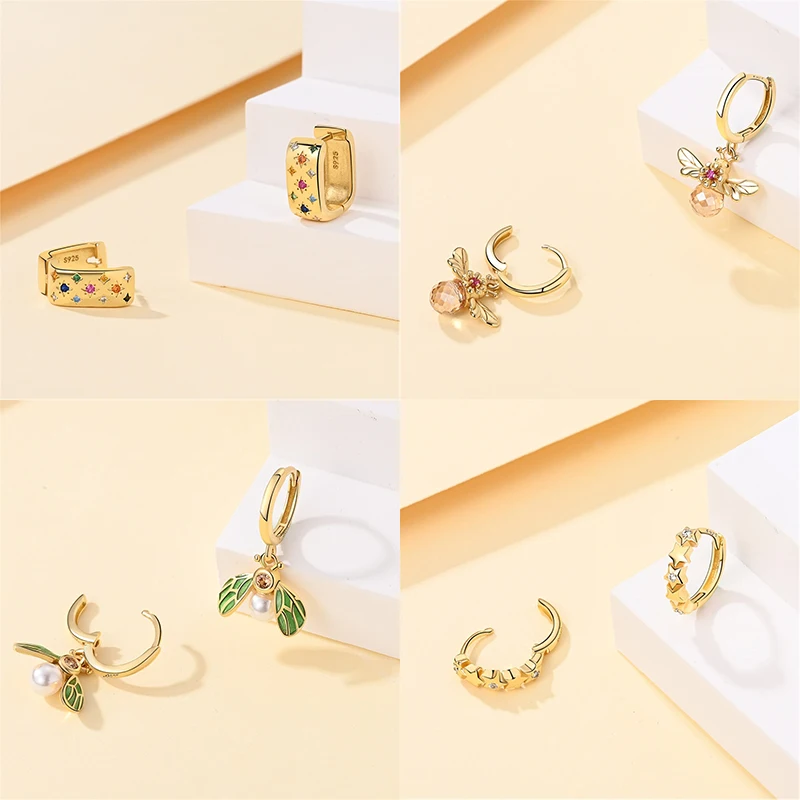Novo em 925 prata cor ouro pérola abelha irregularidade estrela lua brincos para mulheres 2024 tendência moda jóias presentes de aniversário
