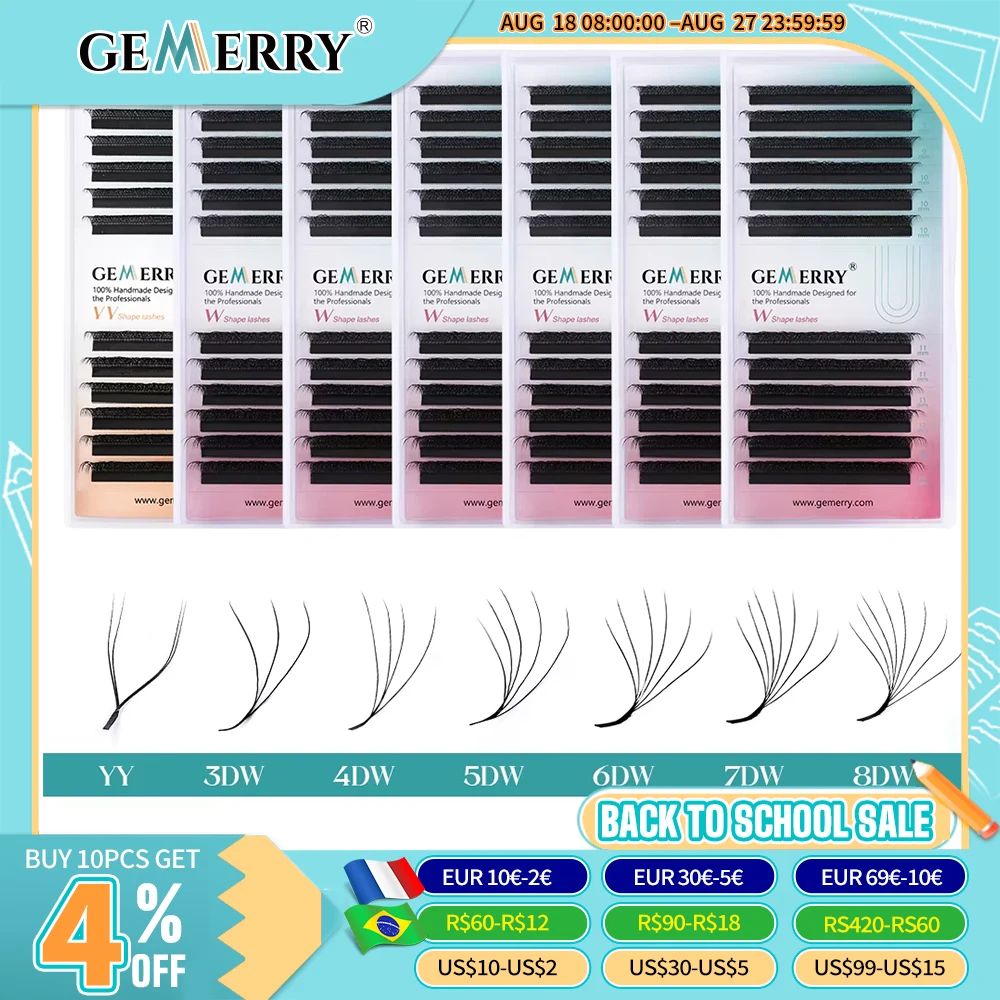 Extensión de pestañas en forma de Gemerry YY, floración automática en forma de W, floración 3D 4D 5D 6D 8D, ventiladores prefabricados, maquillaje de pestañas, volumen
