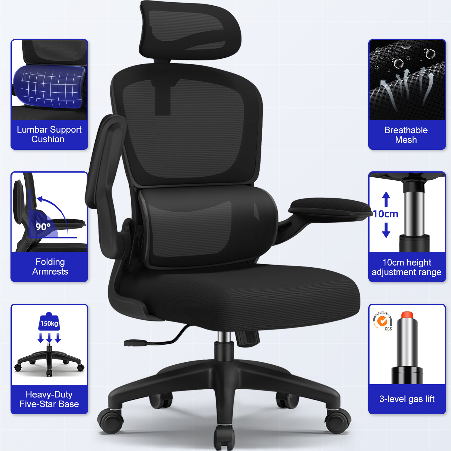 AUTHMIC Chaise de Bureau Ergonomique - Inclinaison 135°, Siège Réglable en Hauteur, Accoudoirs Rabattables, Appuie-Tête Réglable｜Certification CE
