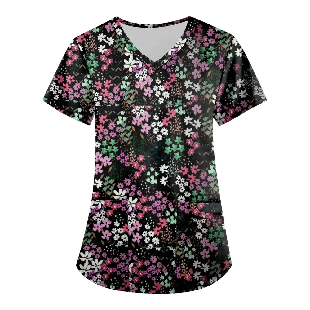 Scrubs Medizinische Uniformen Frau Mode Blumendruck Klinische Uniformen V-ausschnitt Kurzarm Aufgesetzte Tasche Chirurgische Uniformen Frau