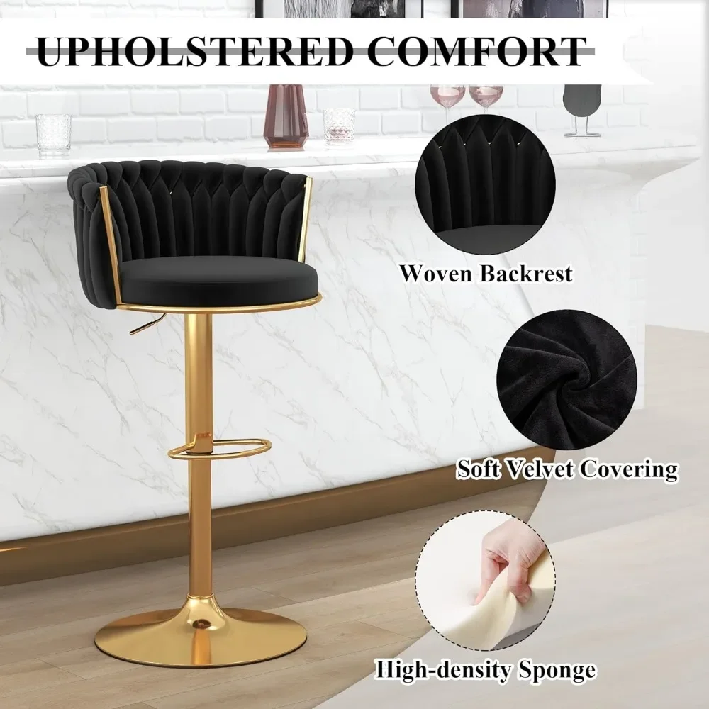 Bar Stool Set of 2 Velvet Swivel Barstools Height Adjustable Counter Stools with Woven Back Bar Stools