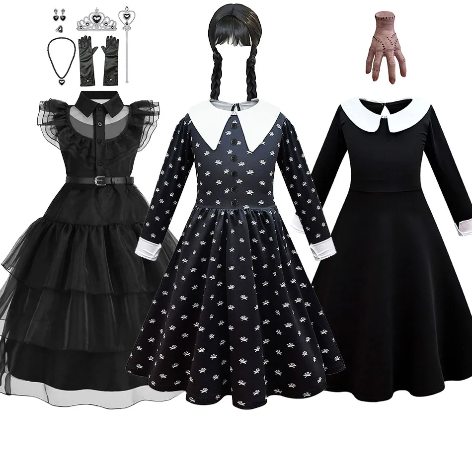 Costume Addams per bambini Neonate Famiglia Cosplay Costume di Halloween Famiglia per bambini Danza Abito nero Mercoledì Spettacolo Fantasia