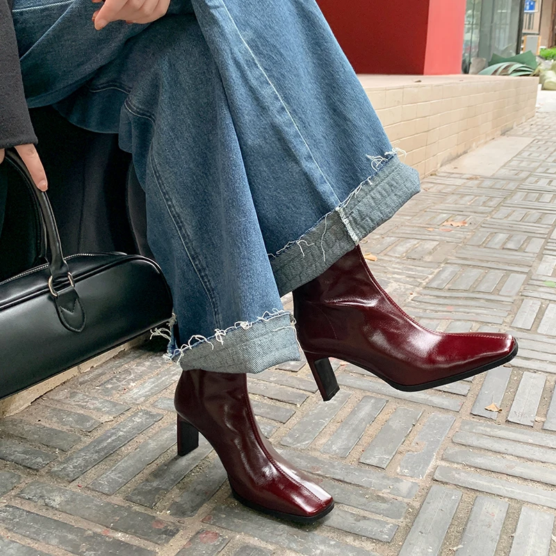 JOZHAMTA-Botas femininas de salto alto grosso e couro real, sapatos casuais para senhora do escritório, botas curtas, outono, inverno, tamanho 34-43, 2022