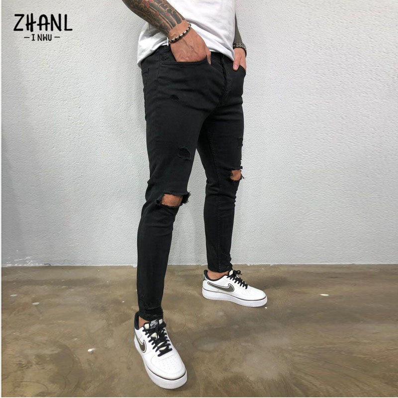 Streetwear Zerrissene Mens Dünne Hosen Gebrochen Mann Jeans Jogger Mode Schwarz Casual Hip Hop Elastische Taille Cowboy Hosen Männer Kleidung