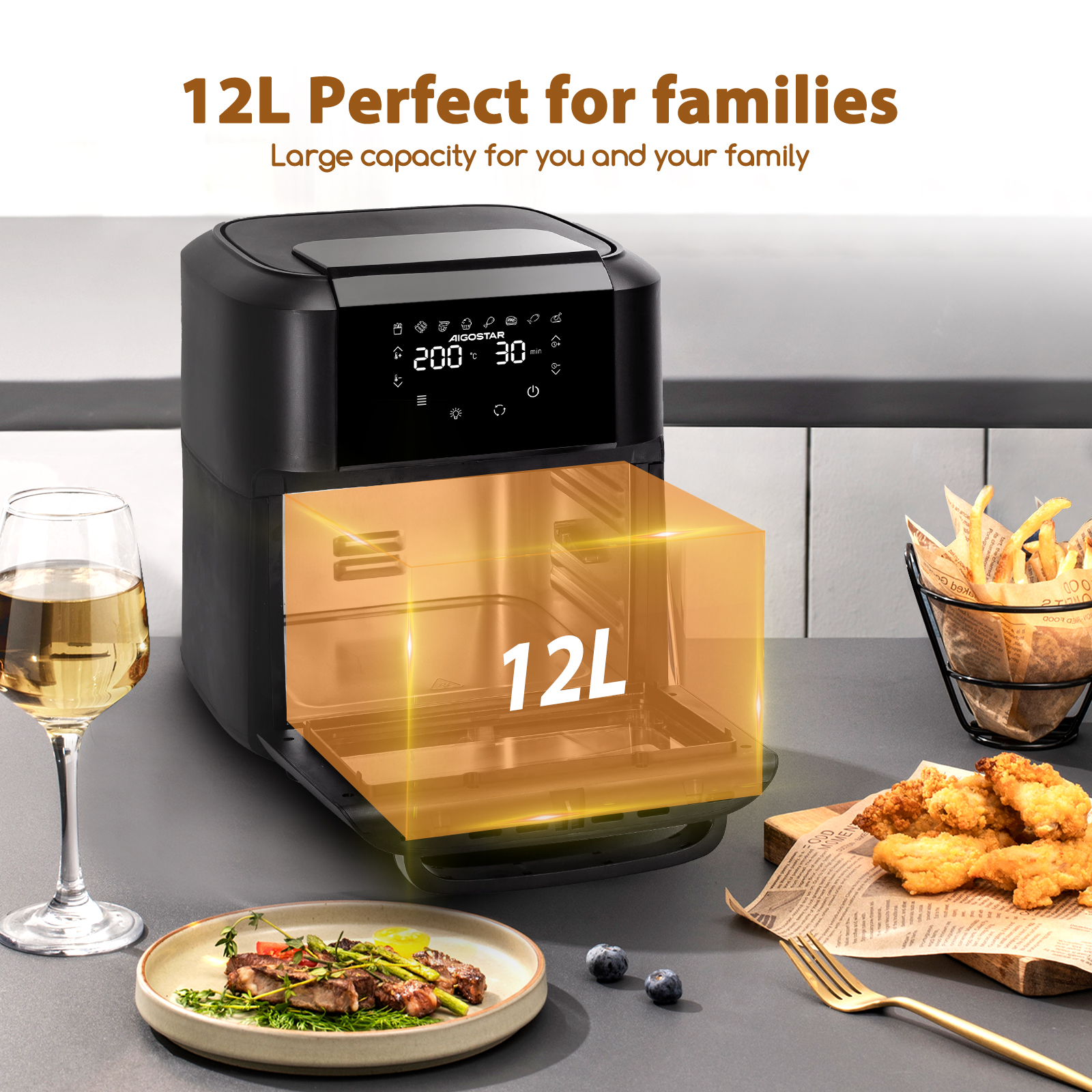 Freidora de Aire 12L Gran Capacidad, Horno de Aire Multifunción, Incluye 7 Accesorios, Apto para Lavavajillas, Pantalla LED Táctil, 8 Modos Predeterminados, Sistema Giratorio, Libre de BPA,1500W