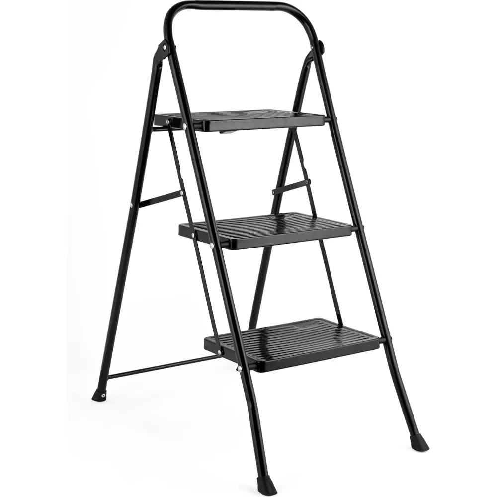 Escalera plegable, 3 peldaños, diseño ergonómico, ligera y compacta, patas antideslizantes, acero macizo, clip de seguridad, negro, 105 cm