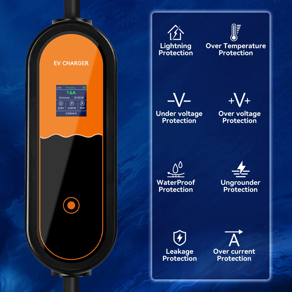 Przenośna ładowarka do pojazdów elektrycznych 3,5 kW Typ 2, 16 A, 1 faza, wtyczka EU, EVSE, regulacja prądu ładowania pojazdów elektrycznych 8 A-10 A-13 A-16 A