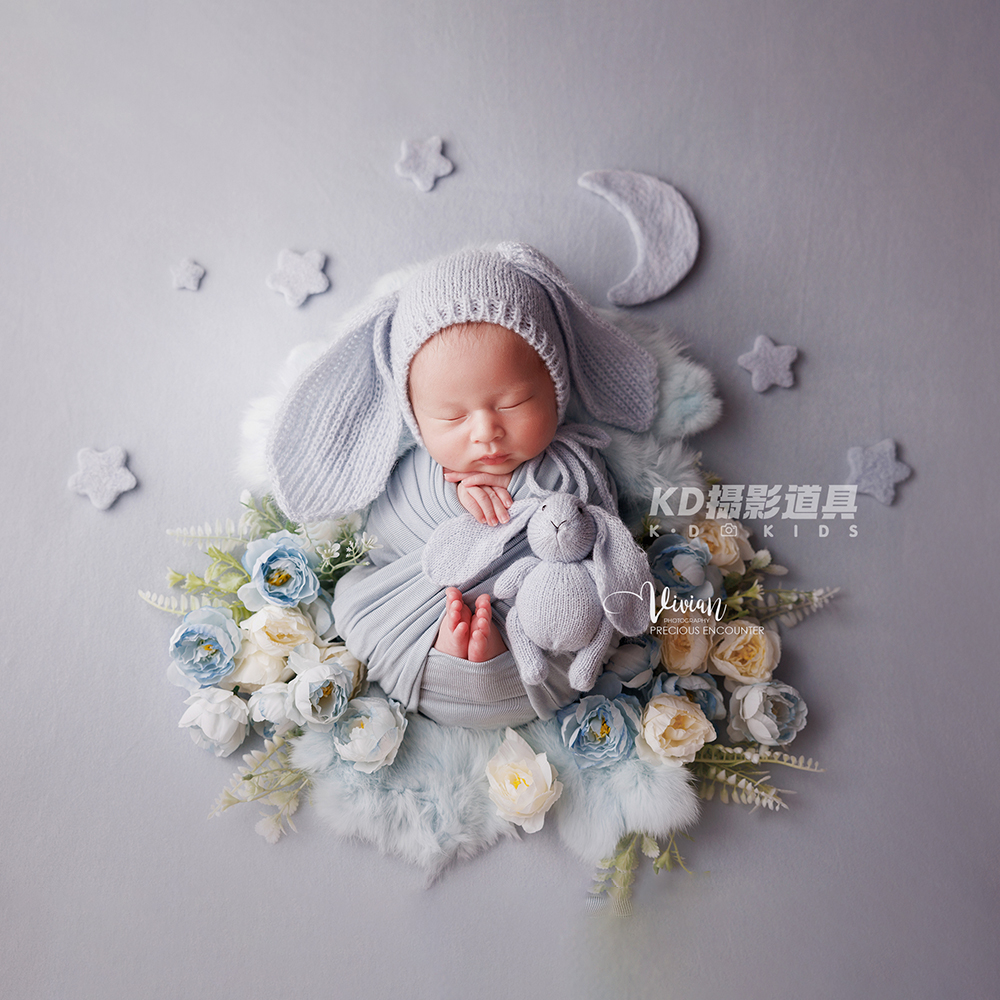 Комплект реквизита для фотосъемки новорожденных, вязаная шапка с длинными ушками кролика, ночная шапка, повязки на голову с цветами, искусственный цветок, реквизит для фотостудии
