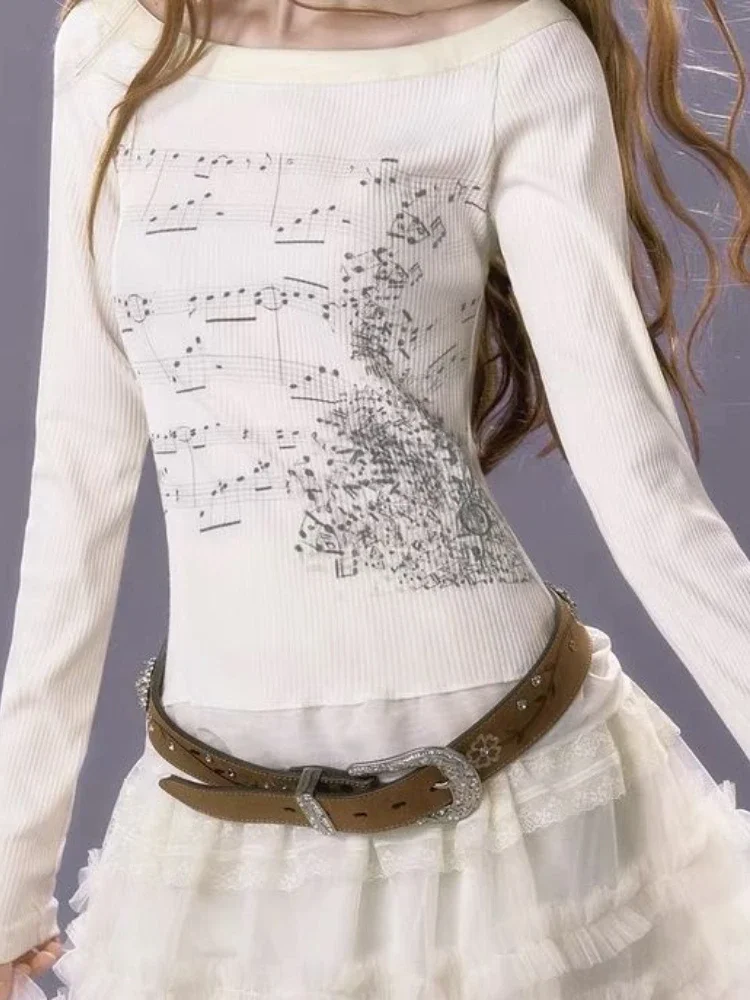 Camisetas de algodón estéticas Y2k para mujer, camisetas que combinan con todo, parche de encaje, camiseta Sexy con estampado Grunge, Top corto de manga larga, ropa de hadas 2025